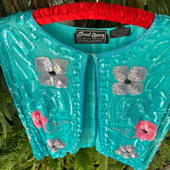 Turquoise Pink 100% Silk Floral Sequin Short Jacket | Hand Embroidered | Small - Picture 12 of 16
